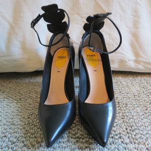 Fendi black heels with feather back